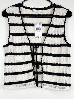 MNG Mango Women's Vest Crochet Knit Striped Black White Cropped Tie Front MED